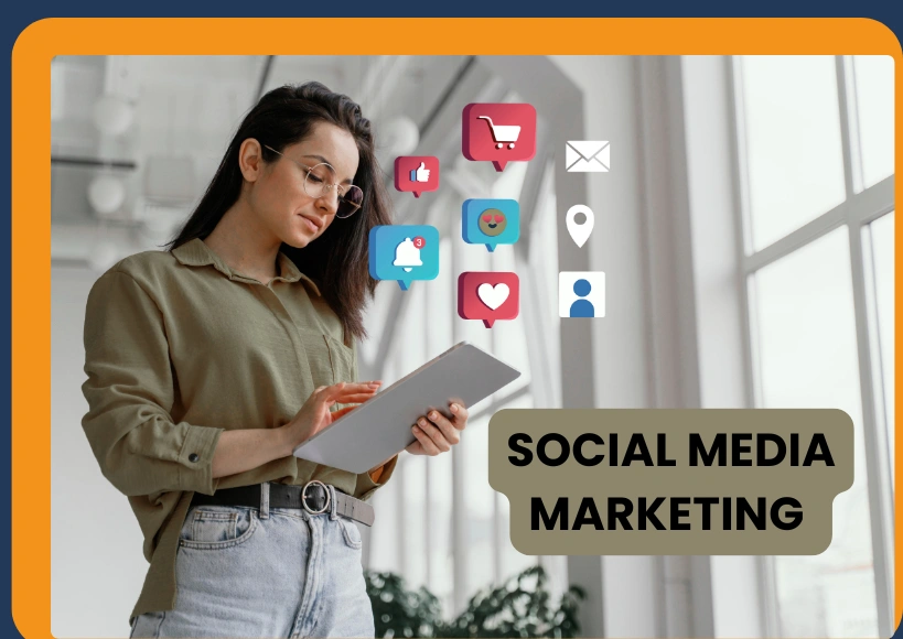 Woman using tablet with social media marketing icons for digital engagement and online promotion